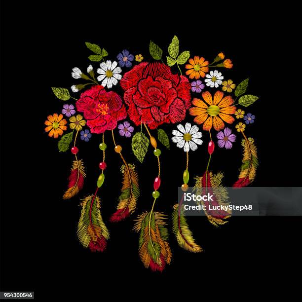 Embroidery Boho Native American Indian Feathers Flowers Arrangement Clothes Ethnic Tribal Fashion Design Decoration Patch Fashionable Template Vector Illustration Stock Illustration - Download Image Now