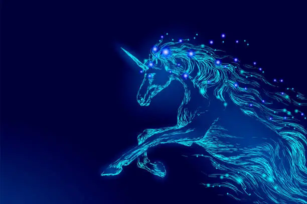 Vector illustration of Blue glowing horse unicorn riding night sky star. Creative decoration magical backdrop shining cosmos space horn fairy myth moon light fantasy background vector illustration
