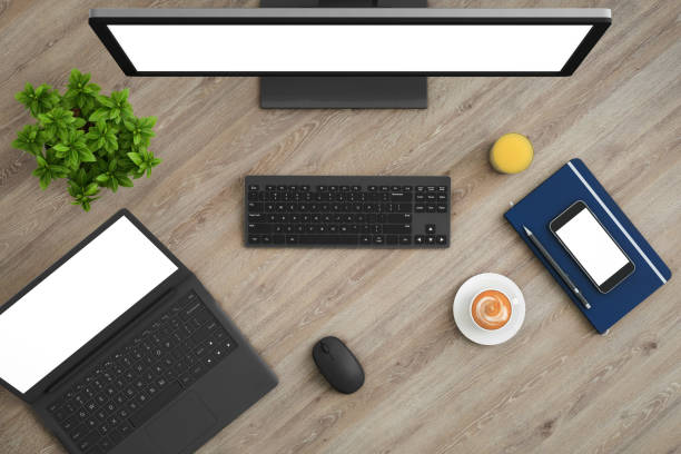 istock Knolling top view office table with laptop 954300924