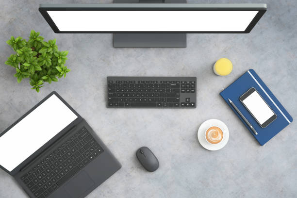 istock Knolling top view office table with laptop 954300926