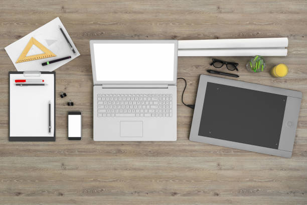 istock Knolling top view office table with laptop - architect designer background template 954301006