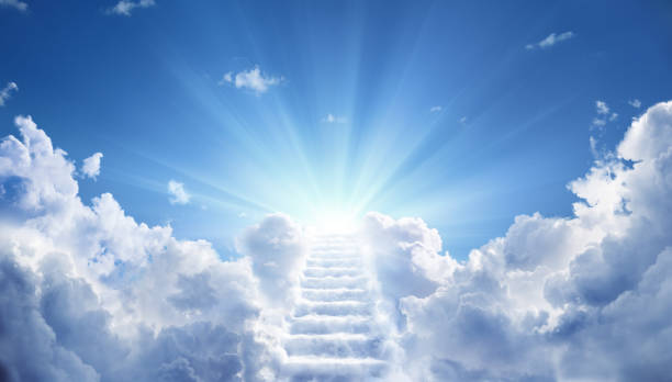 Stairs Leading Up To Heavenly Sky Toward The Light Stairs in sky With Light overhead light stock pictures, royalty-free photos & images