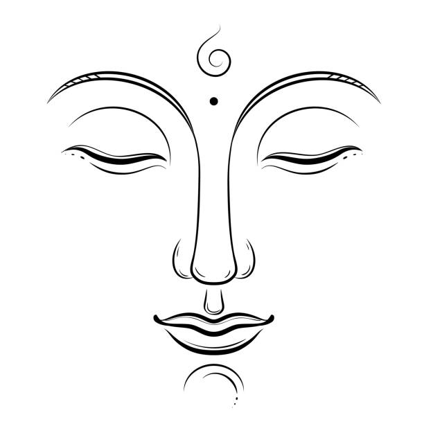 illustrazioni stock, clip art, cartoni animati e icone di tendenza di buddha faccia arte vettoriale. buddismo, yoga, spirituale sacro, inchiostro zen disegno isolato su bianco - buddha thailand spirituality wisdom