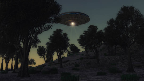 rendering 3d. oggetto volante alieno non identificato - alien mystery space military invasion foto e immagini stock