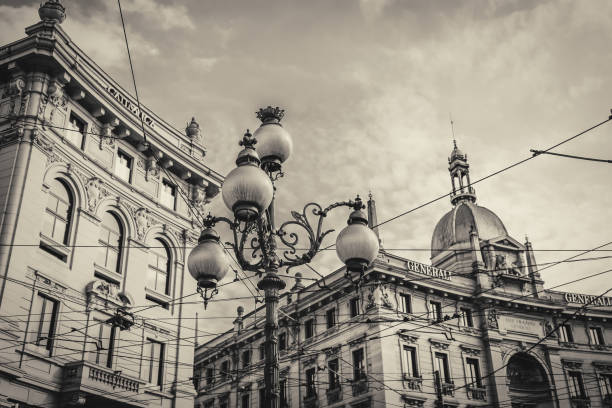 Milan, Italy - March 24, 2018: Streets of Milan, Piazza Cordusio, Italy. Sepia-toned Image