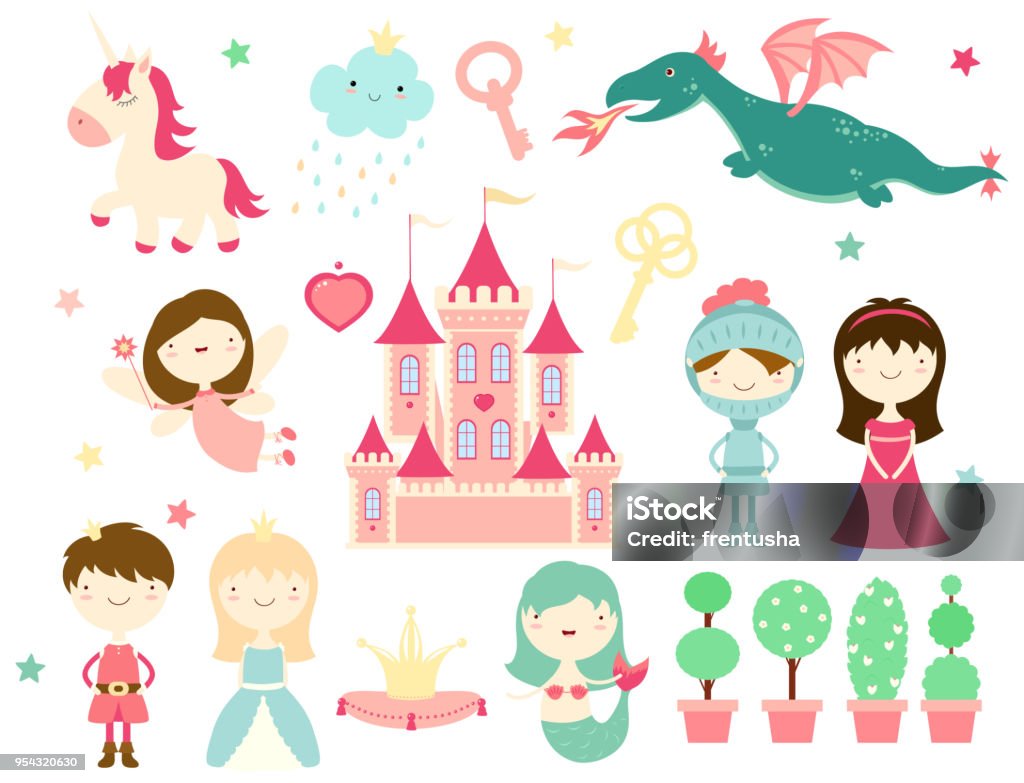 Collection of cute fairy-tale characters Vector collection of cute fairy-tale characters - prince, princess, knight, mermaid, unicorn, dragon, fairy, castle. In retro pastel colors. EPS8 Fairy stock vector