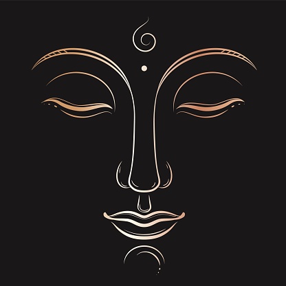 Buddha face vector art. Buddhism, yoga, sacred spiritual, zen ink drawing in golden gradient color on dark grey background