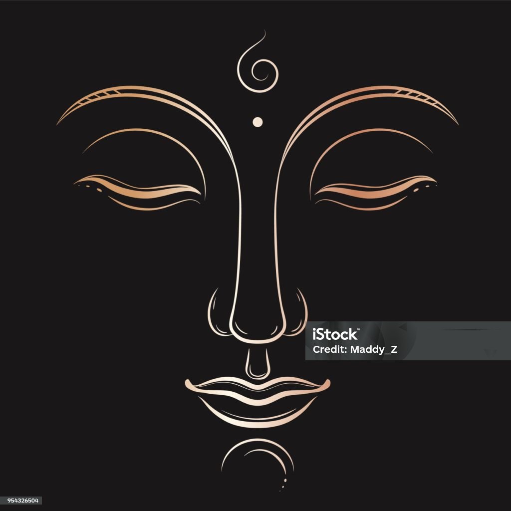 Buddha face vector art. Buddhism, yoga, sacred spiritual, zen ink drawing Buddha face vector art. Buddhism, yoga, sacred spiritual, zen ink drawing in golden gradient color on dark grey background Buddha stock vector