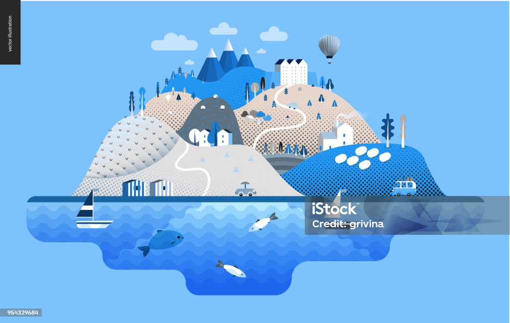 Magical summer landscape Magical summer landscape - green island with hills, roads, cars, castle, houses and trees, with mountains, balloon and clouds above and waving sea and striped houses on the coast. Illustration stock vector