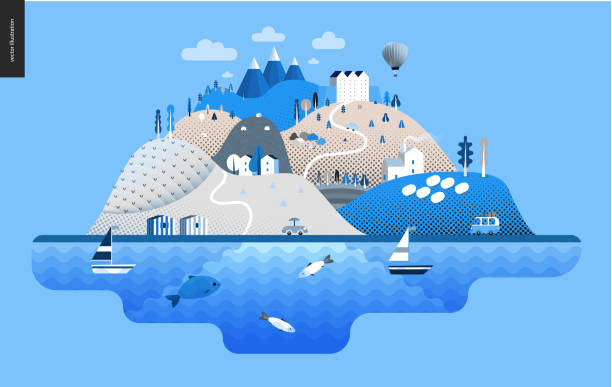 Magical summer landscape Magical summer landscape - green island with hills, roads, cars, castle, houses and trees, with mountains, balloon and clouds above and waving sea and striped houses on the coast. cartoon mountains stock illustrations