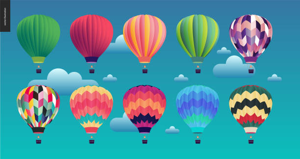 Hot air balloons Hot air balloons - set of various colored balloons in the sky with clouds balloon designs stock illustrations