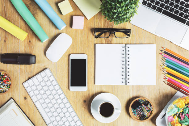 istock Hipster workplace with device and supplies 954329916