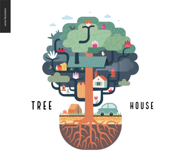 koncepcja domku na drzewie - bush bird tree wood stock illustrations