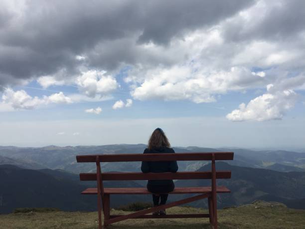 istock Girl on a bench contemplating the landscape 954335420