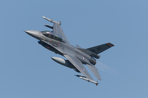 Leeuwarden, Netherlands April 18, 2018: A RNLAF F-16 with markings of Tucson Air Force Base during the Frisian Flag exercise