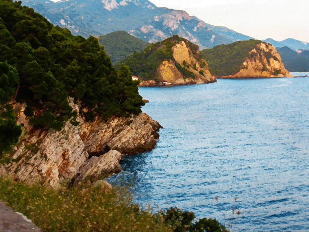 istock Seascape with a picturesque rocky coastline and cliffs lining. Abrupt coast with plants. Romantic evening. Montenegro, Petrovac. Digital stylization of a watercolor drawing 954339550