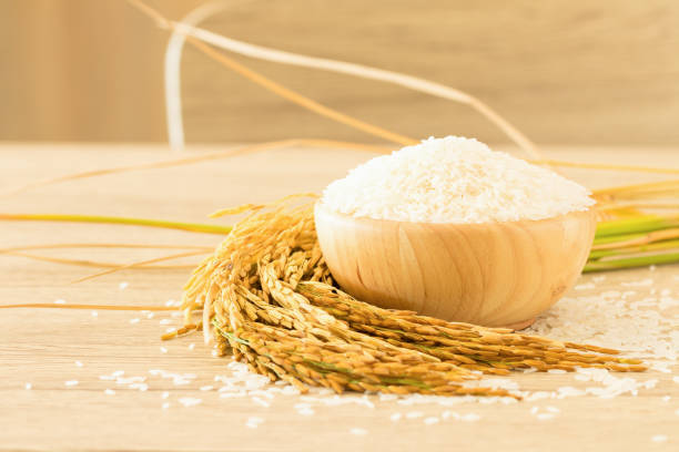istock Close up Thai jasmine rice in bowl on wooden table 954339740