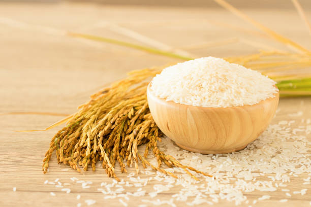 istock Close up Thai jasmine rice in bowl on wooden table 954339994