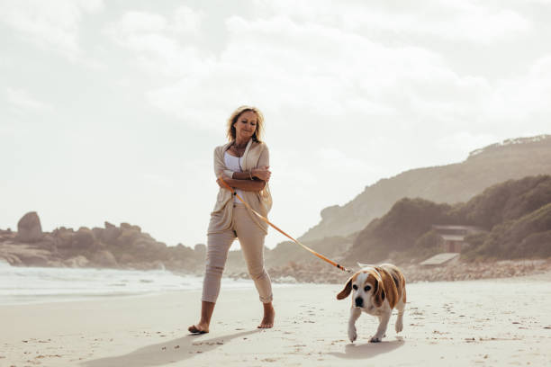 donna matura che cammina con il suo cane sulla spiaggia - cane al mare foto e immagini stock