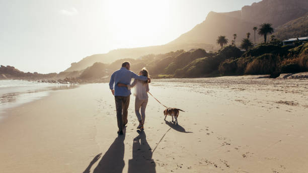 Mature couple strolling along the beach with dog Mature couple strolling along the beach with their dog. Rear view shot of loving mature couple on the beach with dog. two dogs hugging stock pictures, royalty-free photos & images