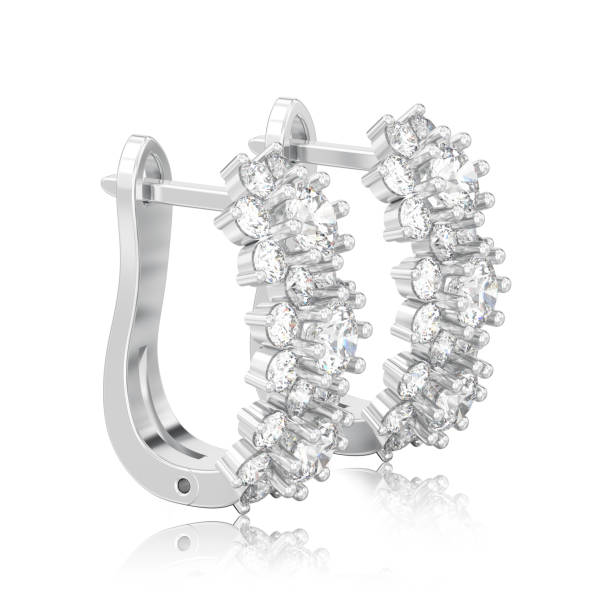 istock 3D illustration isolated white gold or silver diamond earrings with hinged lock with reflection 954348838