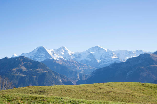 frühere wiese, jungfrau, eiger und monch anzeigen - swiss culture european alps eiger mountain range stock-fotos und bilder