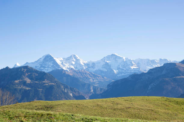 view past meadow to jungfrau, eiger and monch - swiss culture european alps mountain eiger imagens e fotografias de stock
