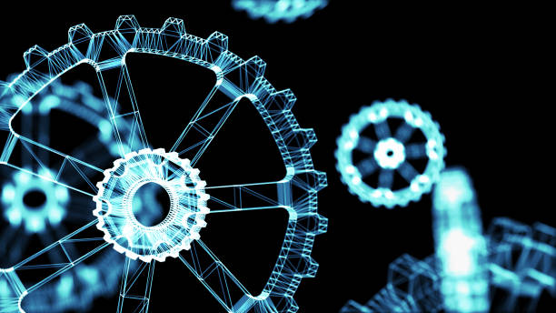 istock Industrial 4.0 Cyber Physical Systems concept . Wireframe Gears with black background. 3d rendering. 954353288