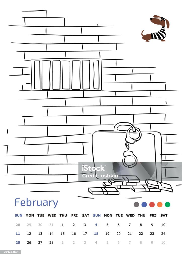 February 2018 Vector Illustration. Drawing calendar A4. 
Pirate. February 2018. Year of the dog 2018 stock vector