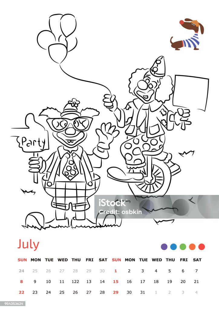 July 2018 Vector Illustration. Drawing calendar A4. 
Circus. July 2018. Year of the dog 2018 stock vector