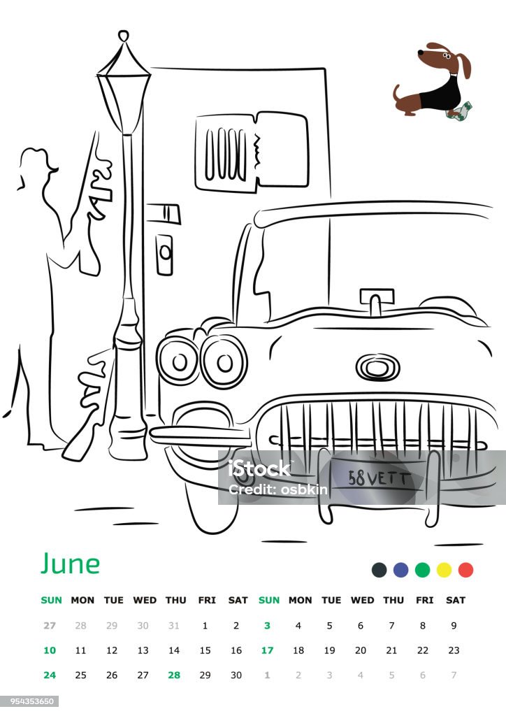 June 2018 Vector Illustration. Drawing calendar A4. 
Mafia. June 2018. Year of the dog 2018 stock vector