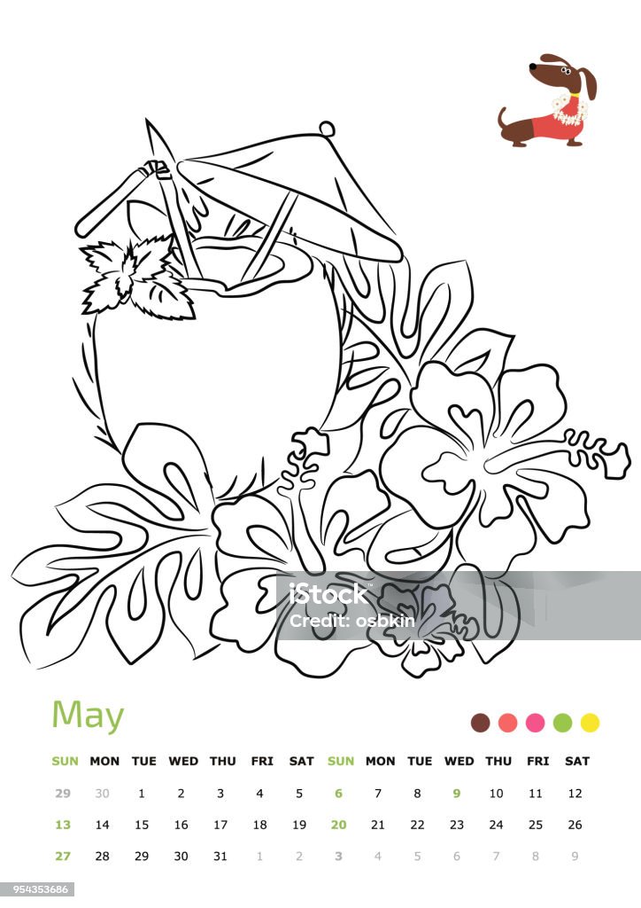 May 2018 Vector Illustration. Drawing calendar A4. 
Summer. Hawai. May 2018. Year of the dog 2018 stock vector