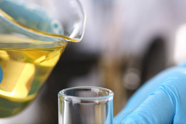istock Male hands in protective gloves hold test tube 954353900