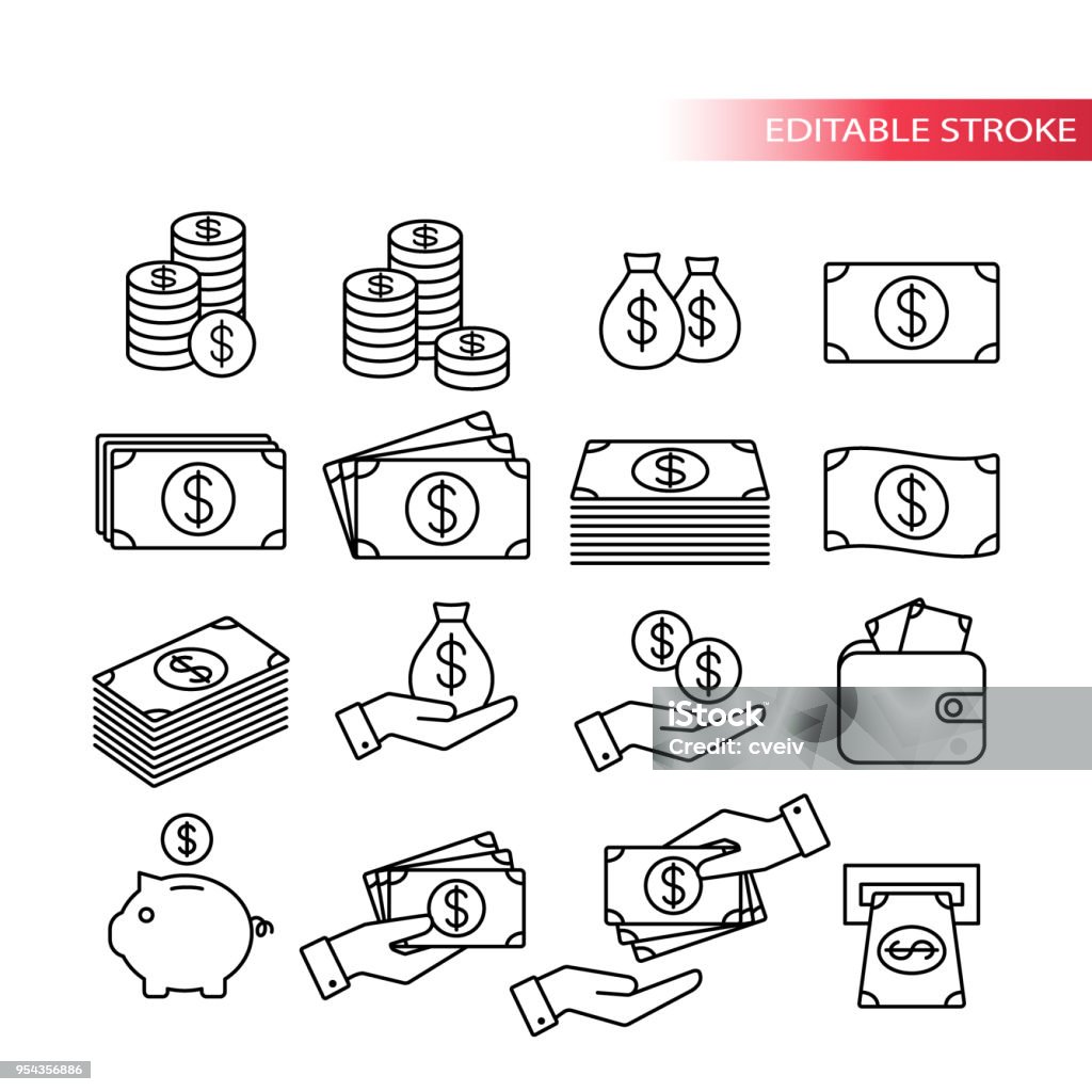 Linha fina, conjunto de ícones totalmente editáveis. Ícones de dinheiro. Pilha de dinheiro, pilha de moedas, cofrinho, carteira com dinheiro, pagamento em dinheiro, mão segurando ícones de dinheiro. - Vetor de Ícone de Computador royalty-free