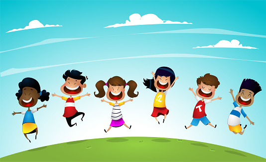 Happy cartoon school multiracial children joyfully jumping and laughing Concept of happiness, gladness and fun. Vector illustration for banner, poster, website, invitation.