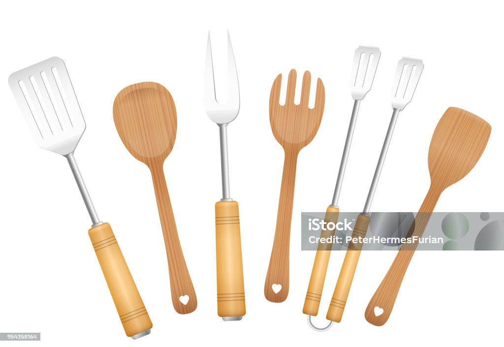 Bbq tools and salad servers. Charming vintage barbecue utensils. Tongs, skewer, fork, spoon and spatulas - isolated vector illustration on white background. Kitchen Utensil stock vector