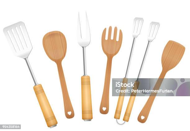 Bbq Tools And Salad Servers Charming Vintage Barbecue Utensils Tongs Skewer Fork Spoon And Spatulas Isolated Vector Illustration On White Background Stock Illustration - Download Image Now