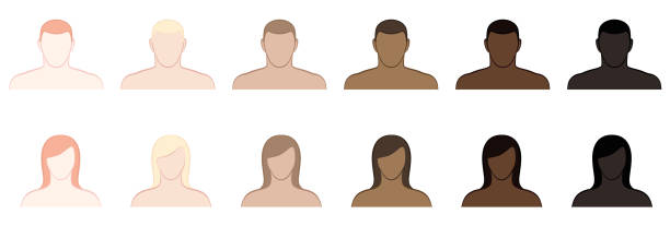 Complexion. Different skin tones and hair colors of men and women. Very fair, fair, medium, olive, brown and black. Isolated vector illustration on white background. Complexion. Different skin tones and hair colors of men and women. Very fair, fair, medium, olive, brown and black. Isolated vector illustration on white background. toned image stock illustrations