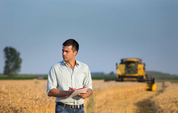 istock Engineer with note book and combine harvester in field 954358556