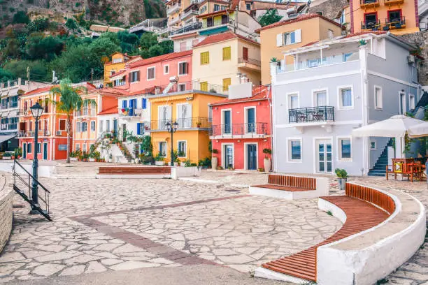 Parga, town in Greece, colorful traditional houses in town square.