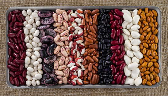 A set of various beans on a background of rough textures texture.