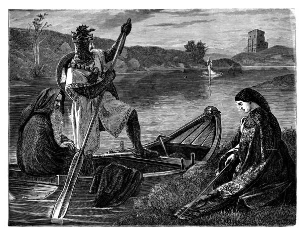 King Arthur on boat with Merlin going to retrieve the sword King Arthur on boat with Merlin going to retrieve the sword - Scanned 1881 Engraving arthurian legend stock illustrations