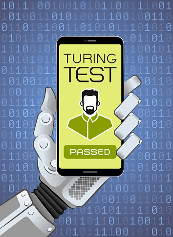 Mechanical hand of a robot holding smartphone showing test result. Vector illustration on the subject of 'Artificial Intelligence'.