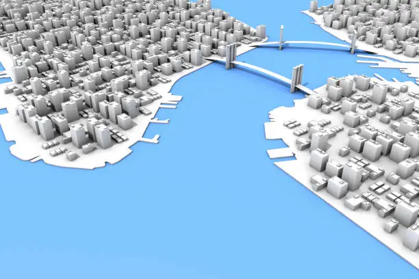 A New York City inspired 3D city with skyscrapers water and bridges - aerial view.
