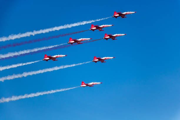 Turkish Stars (Triangle) 7 aerobatics plane in triangle formation aerobatics photos stock pictures, royalty-free photos & images