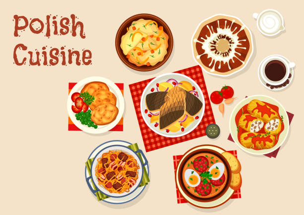 symbol der polnischen küche mit fleisch und gemüse gericht - kartoffelknödel essen stock-grafiken, -clipart, -cartoons und -symbole