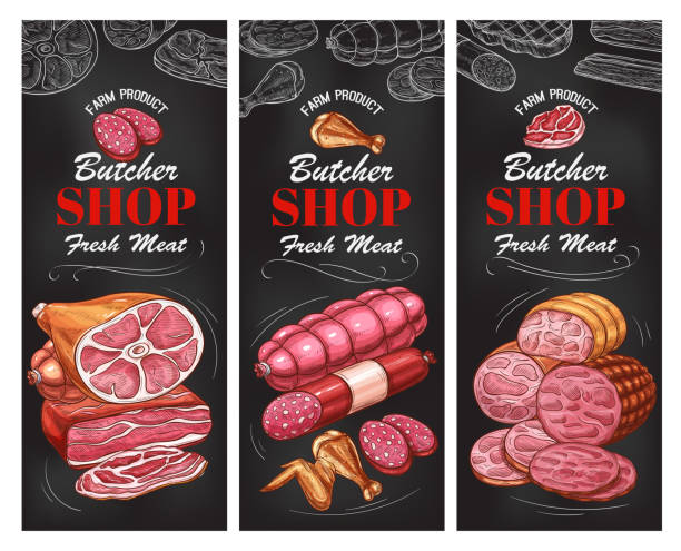 butcher shop fleisch produkt- und wurst-banner - wearing hot dog costume stock-grafiken, -clipart, -cartoons und -symbole