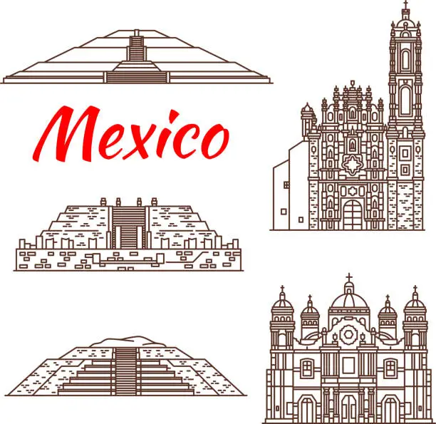 Vector illustration of Mexican travel landmark icon of pyramid and church