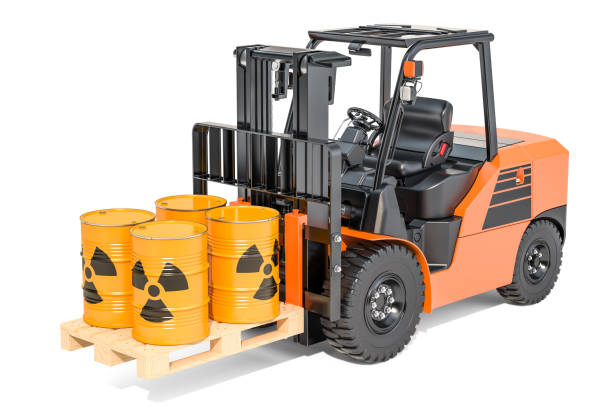 istock Barrels with radioactive waste on the forklift truck, 3D rendering isolated on white background 954404018