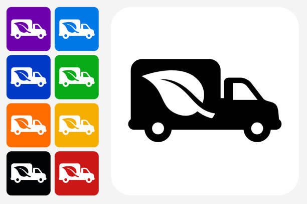 Truck and Leaf Icon Square Button Set Truck and Leaf Icon Square Button Set. The icon is in black on a white square with rounded corners. The are eight alternative button options on the left in purple, blue, navy, green, orange, yellow, black and red colors. The icon is in white against these vibrant backgrounds. The illustration is flat and will work well both online and in print. indigo truck stock illustrations